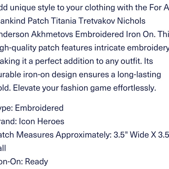 For All Mankind Titania Tretyakov Nichols Anderson Akhmetovs Embroidered Iron On - Picture 3 of 4